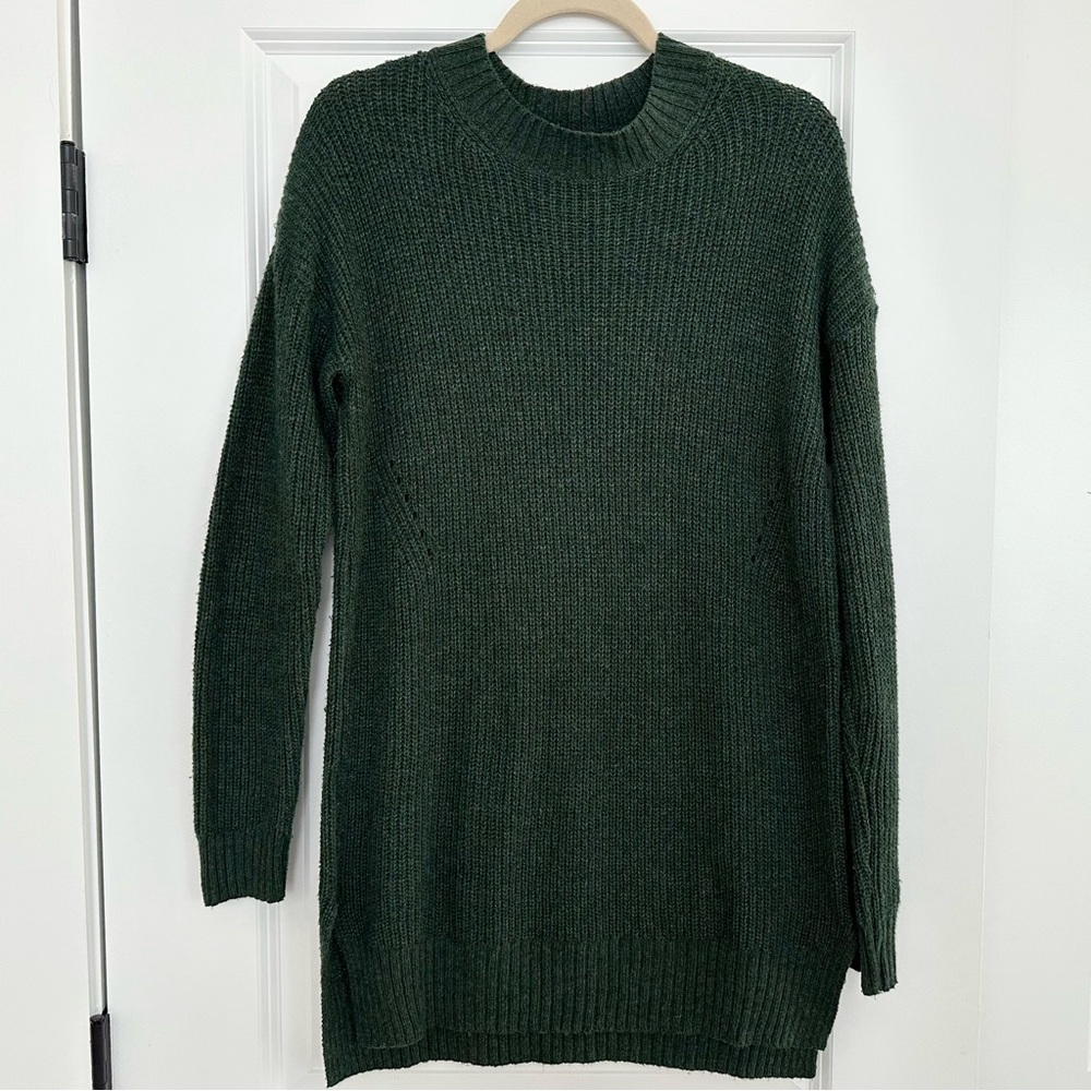 Fall Dark Green Crew Neck Knit Tunic Longer Length Sweater